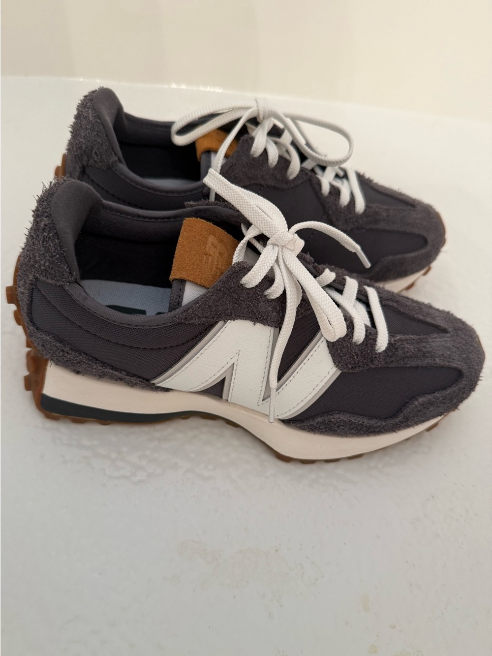 New Balance 327 magnet white Charcoal Gray, White & Tan jcrew sneakers